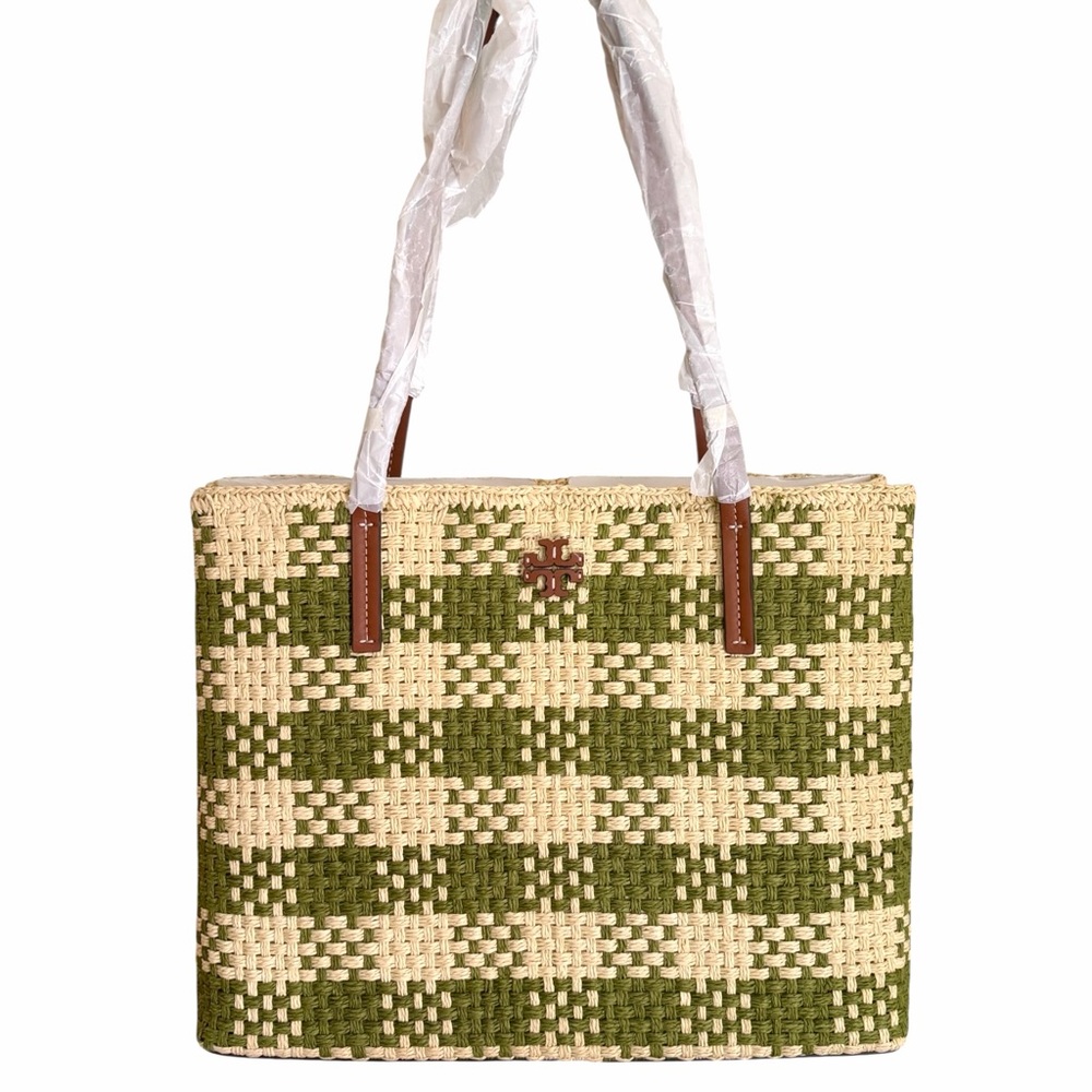 Tory Burch Blake Straw Center Zip Tote Resort Chic Green NWT